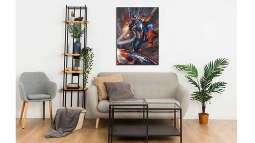 Revitalize your space with this stunning handmade oil painting on canvas, featuring Captain America in a dynamic pose as he hurls his legendary shield. With intricate detailing and bold colors, this artwork vividly captures the essence of the iconic superhero's strength and determination. Ideal for Marvel fans and art lovers, this piece adds an impactful and heroic atmosphere to any room. Immerse yourself in the action-packed world of Captain America with this compelling portrayal, sure to captivate viewers and ignite imagination.