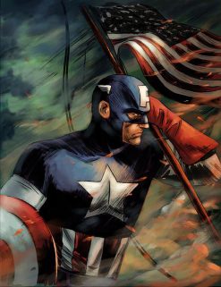 Elevate your space with this striking handmade oil painting on canvas, capturing Captain America standing proudly alongside the American flag with unwavering determination. With meticulous brushwork and vibrant colors, this artwork embodies the patriotic spirit and heroic valor of the iconic superhero. Perfect for Marvel enthusiasts and patriots alike, this piece adds a dynamic and inspiring touch to any room. Immerse yourself in the proud symbolism of Captain America with this captivating portrayal, guaranteed to command attention and evoke a sense of national pride.