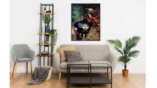 Revamp your decor with this captivating handmade oil painting on canvas, featuring Captain America standing fiercely beside the American flag, radiating strength and determination. With intricate details and vibrant colors, this artwork epitomizes the patriotic fervor and heroic essence of the iconic superhero. Ideal for Marvel fans and patriots, this piece adds a dynamic and inspiring atmosphere to any room. Immerse yourself in the proud symbolism of Captain America with this compelling portrayal, sure to captivate viewers and ignite a sense of national pride.