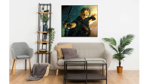 Elevate your decor with this captivating handmade oil painting on canvas, featuring Clint Barton, also known as Hawkeye from Marvel's Avengers, as he prepares to take down his enemies with precision. With meticulous brushstrokes and vibrant colors, this artwork captures the focus and determination of the iconic hero in action. Perfect for Marvel enthusiasts and art lovers, this piece adds a dynamic and heroic flair to any room. Immerse yourself in the thrilling world of superheroes with this striking portrayal, guaranteed to command attention and inspire admiration.