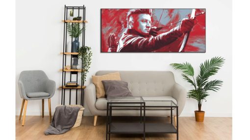 Elevate your space with this stunning handmade oil painting on canvas, featuring Clint Barton, also known as Hawkeye from Marvel's Avengers, preparing to unleash a powerful shot amidst a bold and skillfully crafted red design. With intricate brushstrokes and vibrant hues, this artwork captures the intensity and precision of the iconic hero in action. Ideal for Marvel enthusiasts and art lovers, this piece adds a dynamic and dramatic flair to any room. Immerse yourself in the thrilling world of superheroes with this captivating portrayal, sure to ignite excitement and captivate onlookers.