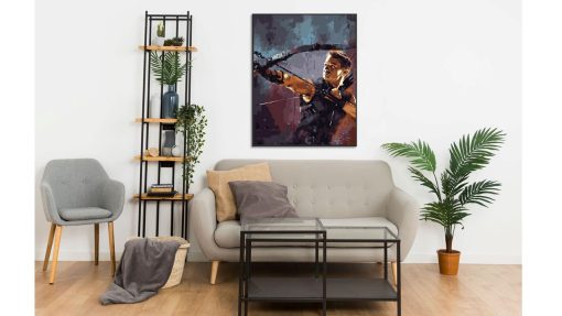 Transform your space with this mesmerizing handmade oil painting on canvas, featuring Clint Barton, also known as Hawkeye from Marvel's Avengers, captured in a foggy portrait as he prepares to take a shot. With meticulous brushstrokes and subtle tones, this artwork evokes a sense of mystery and tension. Ideal for Marvel enthusiasts and art lovers, this piece adds a dynamic and atmospheric element to any room. Immerse yourself in the thrilling world of superheroes with this captivating portrayal, sure to spark conversation and captivate viewers.