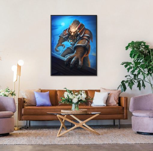 Immerse yourself in the world of World of Warcraft with this mesmerizing oil painting on canvas, featuring the formidable worgen leader, Genn Greymane, set against the backdrop of a moonlit night. With exquisite attention to detail and vibrant colors, this handcrafted artwork brings Greymane's commanding presence to life in stunning detail. Whether you're an avid WoW player or an art enthusiast, this captivating piece will add a touch of intrigue to any room. Experience the allure of Azeroth with this remarkable painting, perfect for fans of Warcraft lore. Don't miss your chance to own this captivating artwork and showcase your love for the World of Warcraft universe.