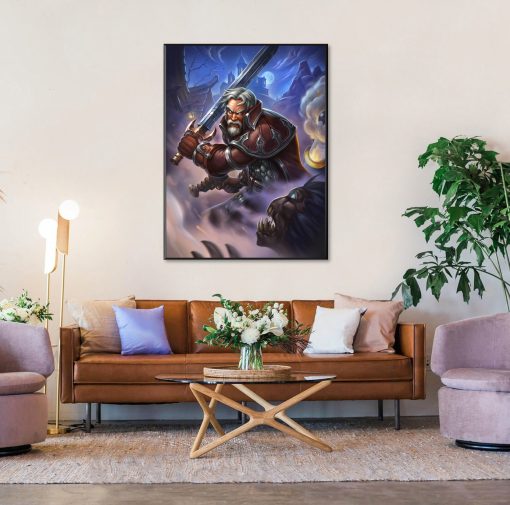 Experience the dynamic conflict of World of Warcraft with this stunning oil painting on canvas, featuring the courageous worgen leader, Genn Greymane, battling the undead in his human form. Expertly crafted with rich colors and intricate details, this handmade artwork captures the intensity of the fight and Greymane's unwavering resolve. Ideal for fans of fantasy art or WoW enthusiasts, this piece adds depth and excitement to any room. Immerse yourself in the thrill of battle and showcase Greymane's bravery with this captivating portrayal of Azeroth's ongoing struggle.