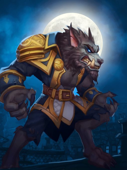 Elevate your space with a captivating handmade oil painting on canvas showcasing the noble worgen leader, Genn Greymane, standing majestically before a mesmerizing full moon. Crafted with meticulous detail and vibrant colors, this artwork exudes sophistication and intrigue. Ideal for fans of fantasy art or World of Warcraft enthusiasts, this piece adds a touch of mystique and elegance to any room. Bring the allure of the night sky and Greymane's commanding presence into your home with this striking portrayal of Azeroth's iconic character.