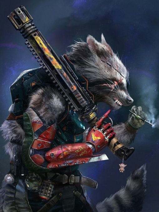 Transform your space with this captivating handmade oil painting on canvas, featuring Rocket Raccoon from Guardians of the Galaxy. In the artwork, he's depicted smoking, wearing a stern expression, and holding a shotgun casually on his shoulder. With intricate details and vibrant colors, this piece captures the fierce and rebellious spirit of the beloved character. Perfect for Marvel fans and art collectors, this portrayal adds a dynamic and edgy touch to any room. Immerse yourself in the cosmic adventures of the Guardians with this striking portrayal, bound to ignite conversation and command attention.