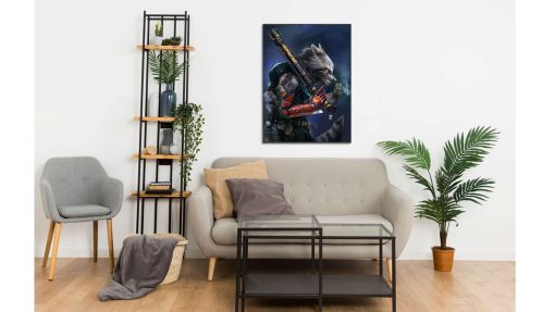 Elevate your decor with this striking handmade oil painting on canvas, showcasing Rocket Raccoon from Guardians of the Galaxy. In the artwork, he's depicted with a smoking cigar, a hint of anger in his expression, and a shotgun slung casually over his shoulder. With meticulous brushwork and vibrant colors, this piece captures the bold and rebellious essence of the fan-favorite character. Ideal for Marvel enthusiasts and art aficionados, this portrayal adds a touch of dynamic energy and attitude to any space. Immerse yourself in the cosmic adventures of the Guardians with this captivating artwork, sure to spark conversation and captivate onlookers.