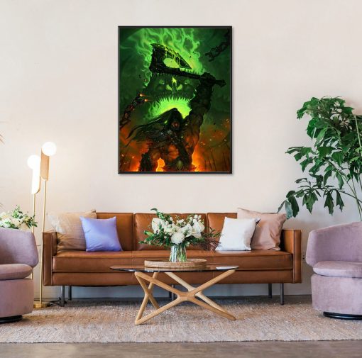 Dive into the iconic scenes of Warcraft lore with this captivating handmade oil painting on canvas, showcasing Hellscream proudly wielding Gorehowl while Mannoroth looms ominously behind. With a mesmerizing blend of colors and intricate detail, this artwork captures the intensity and power of the Warcraft universe. Perfect for fans of the game and collectors alike, this piece adds depth and drama to any space. Immerse yourself in the epic clash between heroes and demons with this striking portrayal, guaranteed to ignite the imagination and command attention.