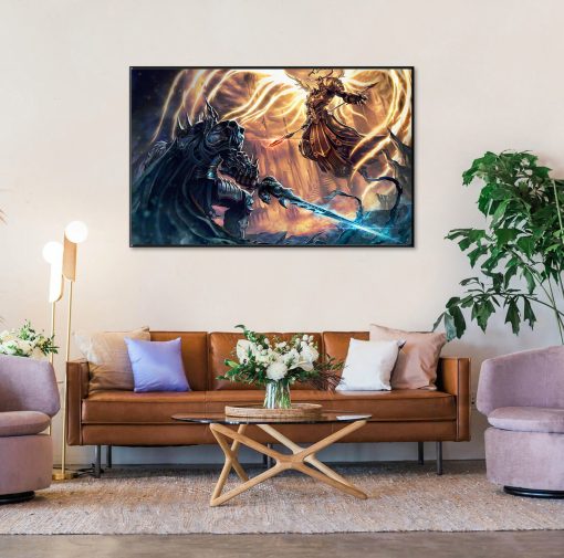 Delve into the epic showdown between Arthas Menethil and Imperius from Heroes of the Storm with a breathtaking oil painting on canvas. Witness the clash of these legendary warriors as they engage in a battle of strength and willpower, captured in stunning detail by skilled artisans. This masterful artwork immortalizes the iconic moment when these two titans meet on the battlefield, making it the perfect centerpiece for any fan of Blizzard Entertainment's crossover battles. Bring the intensity of Heroes of the Storm into your home with this striking portrayal of Arthas's confrontation with Imperius, sure to leave a lasting impression.