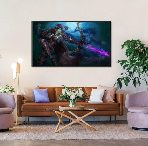 Immerse yourself in the captivating essence of a handcrafted oil painting on canvas featuring Sylvanas Windrunner, the illustrious Banshee Queen, in the heat of battle. Witness her commanding presence as she wields her formidable powers amidst a backdrop of blazing flames. With meticulous artistry, this piece captures the intensity of Sylvanas's spirit and her unyielding resolve. Each brushstroke brings forth her strength and determination, making her a formidable force on the canvas. Let this remarkable artwork evoke the power and allure of Sylvanas, adding a touch of mystique to any space it adorns.