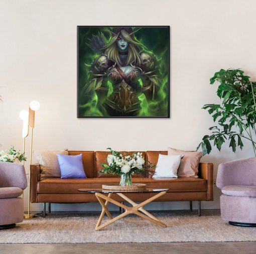 Delve into the enigmatic world of Sylvanas Windrunner with a stunning oil painting on canvas. This exquisite artwork captures the Banshee Queen in a rare moment, her smile shrouded in an aura of darkness and mystery. With intricate details and expert brushwork, the artist brings Sylvanas to life, showcasing her complex personality and captivating presence. Adorn your space with this mesmerizing portrait, adding an air of sophistication and intrigue to any room.
