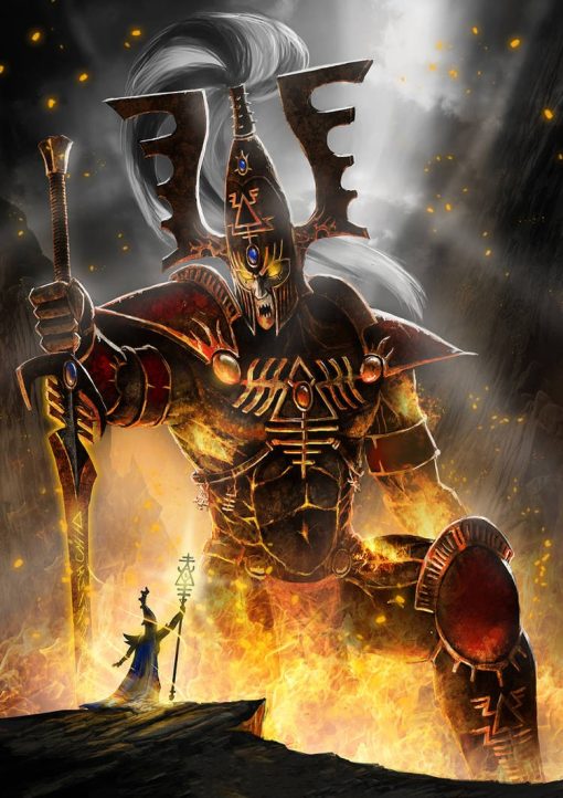 Behold the majesty of the Warhammer 40k universe with our mesmerizing handmade oil painting on canvas, featuring the towering Avatar of Khaine kneeling before a mage, its powerful sword held aloft. This captivating artwork captures the divine presence and immense power of the Eldar deity, depicted with striking detail and vibrant colors. Own a piece of Warhammer lore and enrich your space with this stunning portrayal of cosmic warfare. Order now to add this masterpiece to your collection and experience the awe-inspiring might of the Avatar of Khaine.
