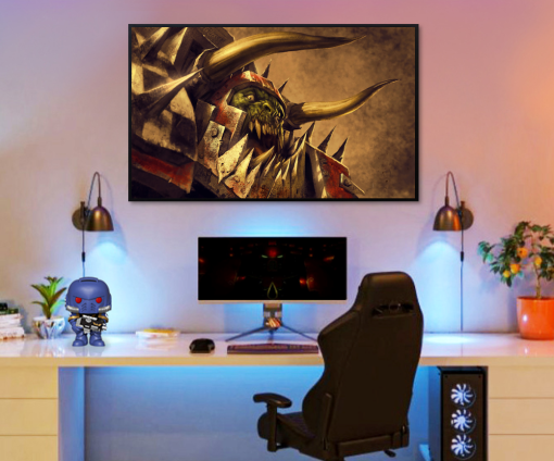 Capture the essence of Warhammer 40k with our handmade oil painting on canvas, showcasing a striking portrait of the fearsome Big Boss Ork. This captivating artwork immortalizes the brutal strength and cunning of the Ork warlord in stunning detail. With vibrant colors and meticulous brushwork, this piece brings the iconic character to life on your walls. Own a prized slice of Warhammer lore and elevate your decor with this dynamic portrayal. Order now and let the commanding presence of the Big Boss Ork dominate your space with unmatched power.