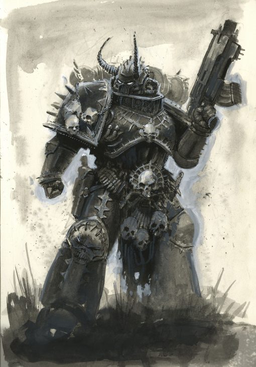 Explore the dark depths of Warhammer 40k with our handmade oil painting on canvas, showcasing a chilling portrait of a Chaos Space Marine in a captivating black and white design. This haunting artwork captures the sinister essence of the Chaos Marines, depicted with striking detail and contrast. Own a piece of the grimdark universe and enrich your decor with this evocative portrayal of corruption and malevolence. Order now to make this masterpiece a focal point in your collection, commanding attention with its ominous presence.