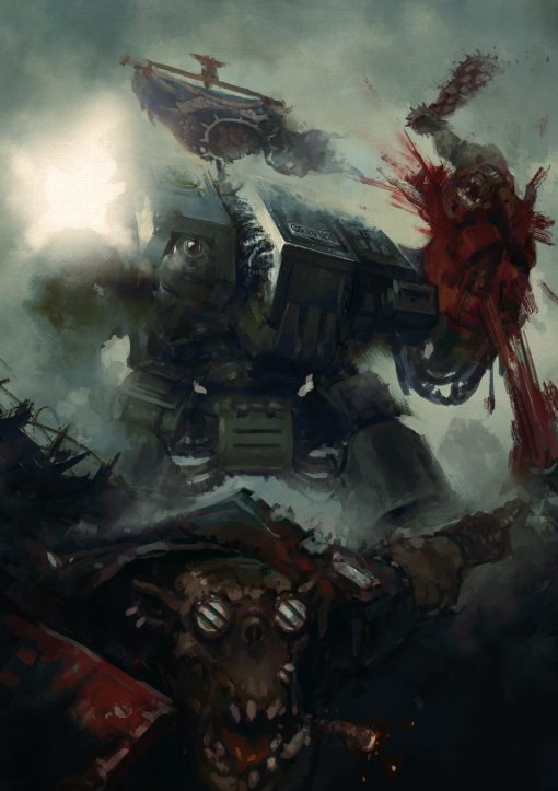 Unleash the gripping action of Warhammer 40k with our meticulously crafted oil painting on canvas. Featuring a Dreadnought Ultramarine in a dynamic scene, this artwork captures the intense clash as it crushes through hordes of Orks. With vibrant colors and intricate detailing, the portrayal vividly brings to life the valor and power of the Space Marine warrior amidst the chaos of battle. Elevate your space and immerse yourself in the epic conflicts of the 41st millennium with this captivating piece. Order now and make this stunning depiction a centerpiece in your collection.