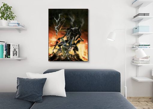 Dive into the intense warfare of Warhammer 40k with our handmade oil painting on canvas, portraying Eldrad Ulthran locked in a fierce battle against a monstrous adversary. This captivating artwork captures the valor and determination of the legendary Eldar seer in the midst of combat. With intricate detail and vibrant colors, immerse yourself in the thrilling action of the 41st millennium. Own a prized piece of Warhammer lore and enrich your space with this stunning portrayal. Embrace the adrenaline – order now and let Eldrad Ulthran's epic struggle energize your walls.