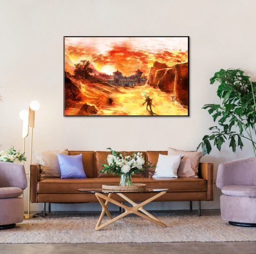 Experience the ominous allure of Orgrimmar with our handcrafted oil painting on canvas, capturing the cityscape beneath a blood-red sun. This evocative artwork transports viewers into the heart of Warcraft's intense atmosphere, appealing to gamers and art enthusiasts with its bold imagery. Add a touch of dark fantasy to your space with this unique piece, meticulously crafted to evoke the raw power of Azeroth's landscapes. Own a piece of gaming history and command attention with Orgrimmar's foreboding skyline. Embrace the intrigue of war – order now and let the crimson sun cast its spell on your walls.