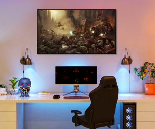 Dive into the heart of battle in the Warhammer 40k universe with our stunning handmade oil painting on canvas, depicting Space Marines engaged in fierce combat against Orks on the battlefield. This captivating artwork captures the intensity and chaos of war, with every stroke conveying the struggle between these iconic factions. With vivid colors and meticulous detailing, this piece is a must-have for any Warhammer enthusiast. Own a piece of this legendary lore and elevate your space with the raw energy of intergalactic conflict. Order now and bring the thrill of the 41st millennium to your walls.