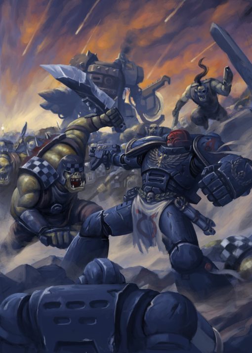 Experience the epic battles of Warhammer 40k with our handmade oil painting on canvas, portraying a Space Marine locked in combat with an Ork on a battlefield, with a looming dreadnought in the background. This dynamic artwork captures the intensity and chaos of intergalactic warfare, with vibrant colors and meticulous detailing bringing the scene to life. Own a piece of Warhammer lore and enrich your decor with this captivating portrayal. Order now to make this masterpiece a focal point in your collection, immersing yourself in the fury of battle.