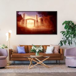 Capture the splendor of dawn in Azeroth with our handmade oil painting on canvas, featuring the grandeur of Stormwind's main gates illuminated by the rising sun. This captivating artwork invites viewers to experience the enchantment of Warcraft's iconic cityscape, appealing to gamers and art aficionados alike. With meticulous craftsmanship and vibrant colors, this piece brings the beauty of Stormwind to life. Own a cherished piece of gaming history and enhance your decor with this magnificent masterpiece. Step into the heart of the Alliance stronghold – order now and let the radiant sunrise of Stormwind shine on your walls.