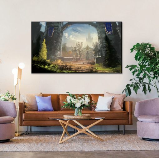 Embark on an adventure to Azeroth with our handcrafted oil painting on canvas, showcasing the iconic Stormwind gates in a captivating stylized design. This unique artwork invites viewers to immerse themselves in the enchanting world of Warcraft, appealing to gamers and art enthusiasts alike. With meticulous attention to detail and vibrant hues, this piece brings a fresh interpretation to Stormwind's legendary landmark. Own a treasured piece of gaming history and enhance your decor with this stunning masterpiece. Step into the realm of the Alliance stronghold – order now and let the stylized beauty of Stormwind gates grace your walls.
