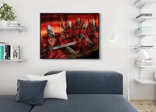 Experience the awe-inspiring sight of a group of Eldar Guardian Aeldari Asuryani in our handmade oil painting on canvas, capturing their unity and determination in the Warhammer 40k universe. This captivating artwork brings to life the elegance and strength of these legendary warriors as they stand united against their foes. With meticulous detail and vibrant colors, immerse yourself in the epic battles of the 41st millennium. Own a treasured piece of Warhammer lore and enrich your space with this dynamic portrayal. Witness the valor of the Aeldari Asuryani – order now and let their presence command your walls.