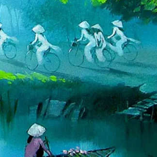 Vietnamese students in ao dai landscape
