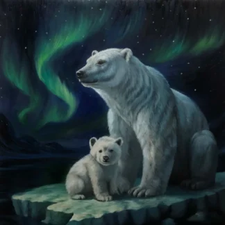 Polar bear under a northern lights night